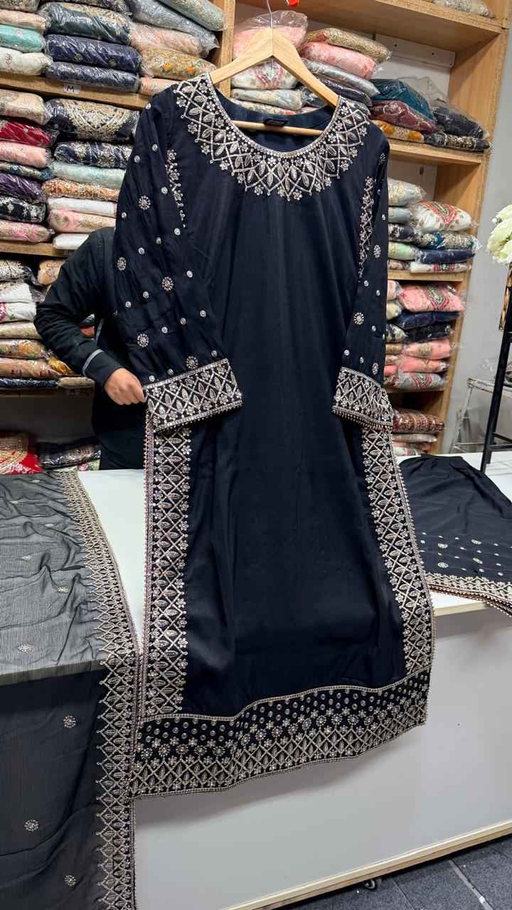 Silk Fabric Outfit with Chiffon Embroidered Dupatta – Festive/Formal Wear ✨