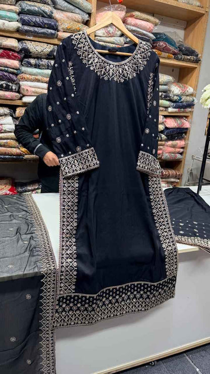 Silk Fabric Outfit with Chiffon Embroidered Dupatta – Festive/Formal Wear ✨