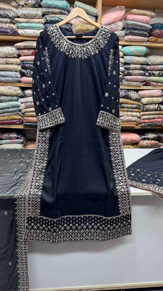 Silk Fabric Outfit with Chiffon Embroidered Dupatta – Festive/Formal Wear ✨