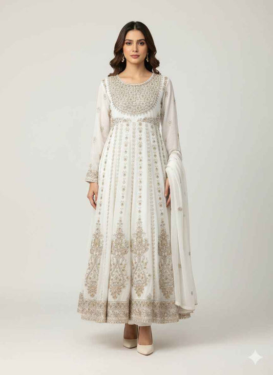 Chiffon Maxi Dress with Chiffon Dupatta & Grip Trouser