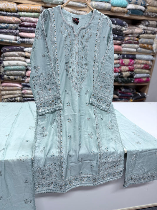 3PC Ready to Wear Viscose Embroidered Suit with Embroidered Dupatta