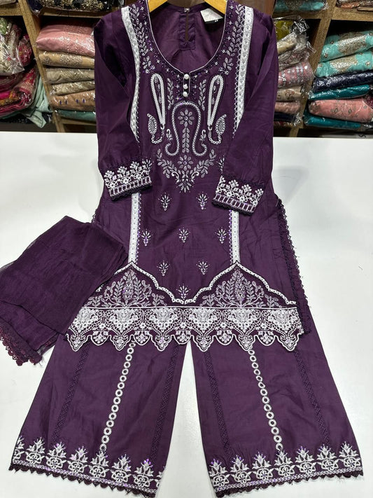 Kids Cotton Embroidered Shirt and Plazo With Chiffon Dupatta
