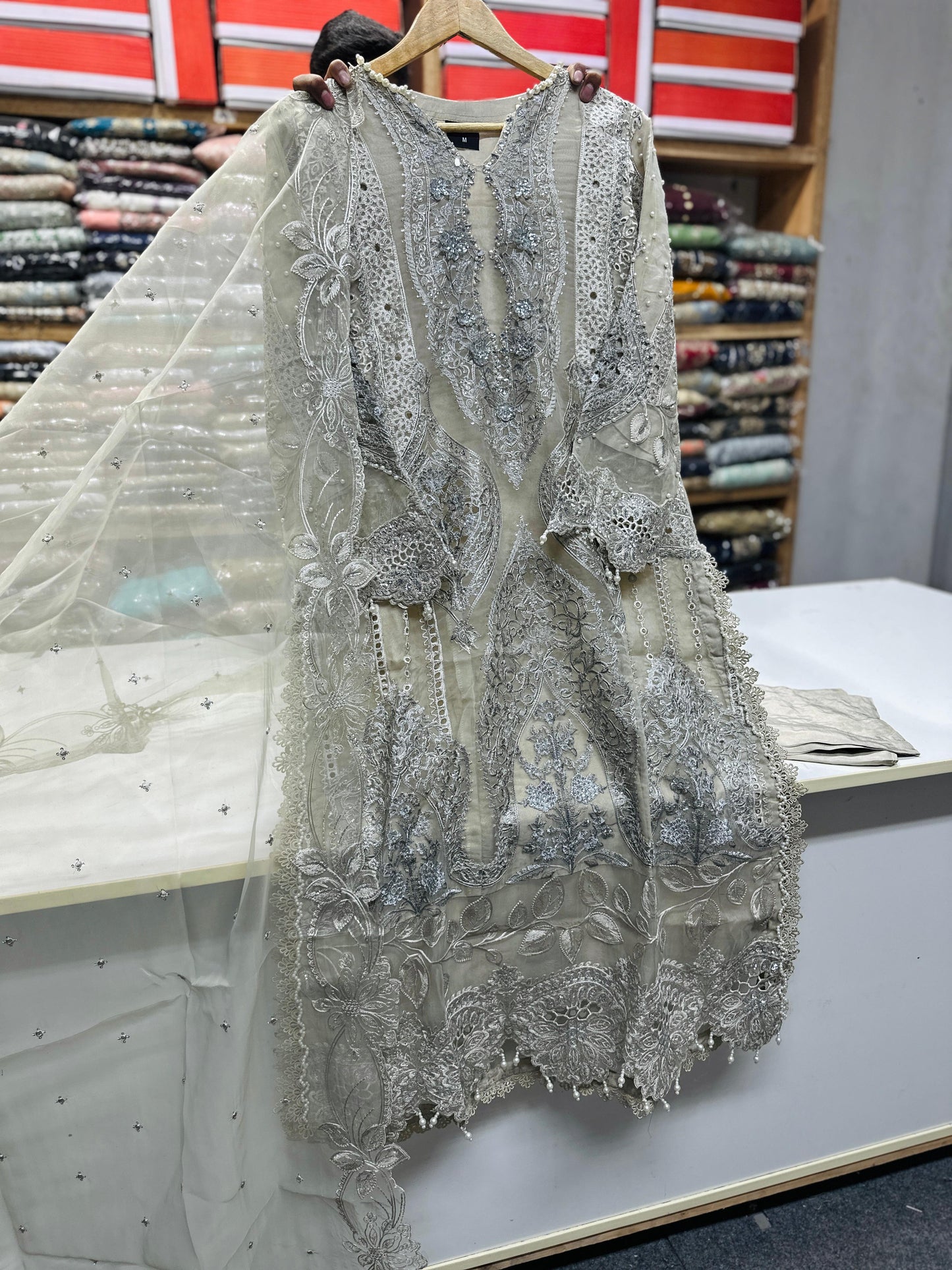 Organza 3pc Embroidered Cream Color