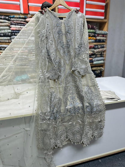 Organza 3pc Embroidered Cream Color