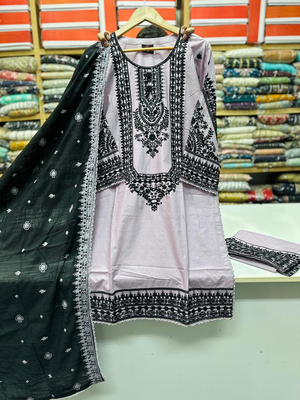 Premium Embroidered 3PC Cotton Suit Lilac