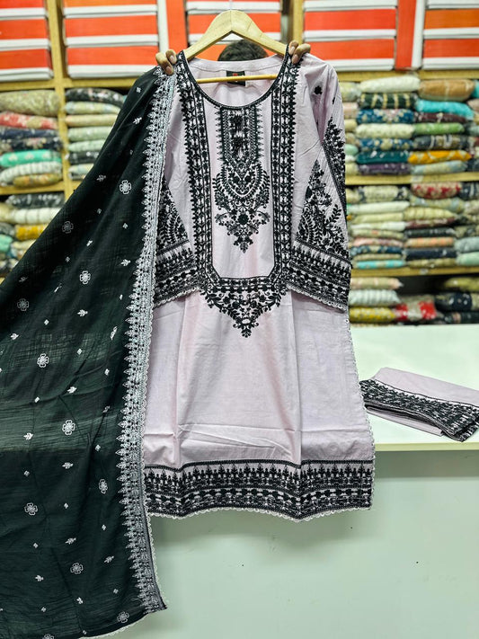 Premium Embroidered 3PC Cotton Suit Lilac