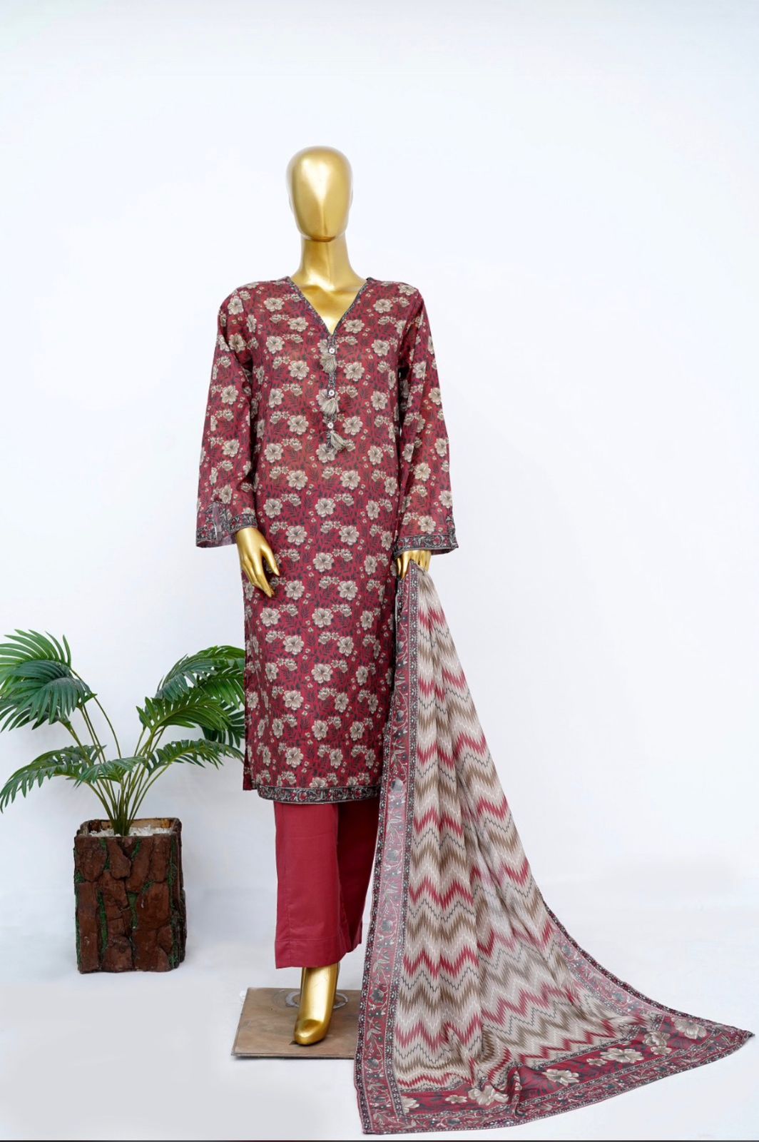 3pc Lawn Suit Maroon