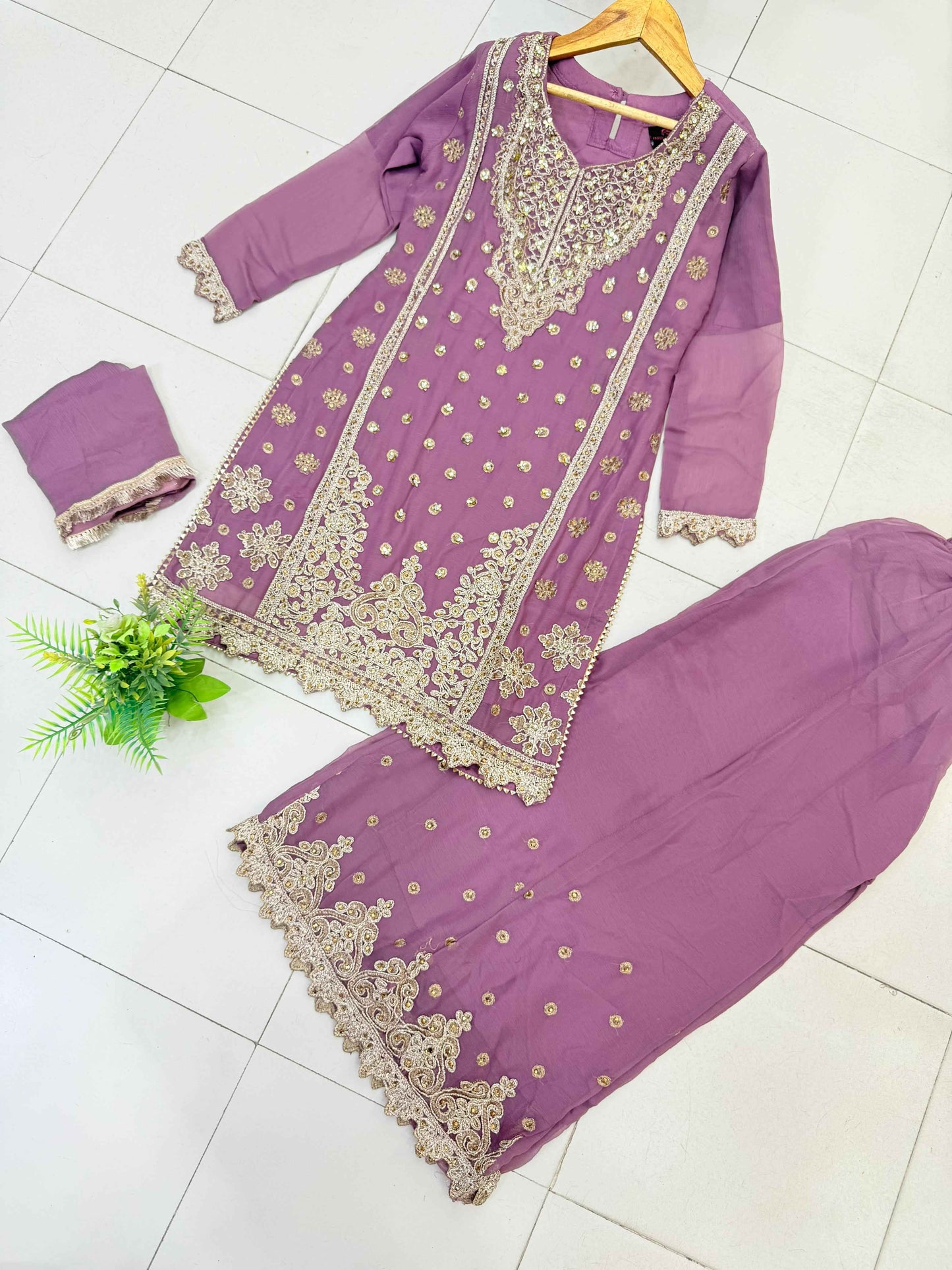 CHIFFON FABRIC Heavily Embroided Kids Dress With Handmade Plazo 2025