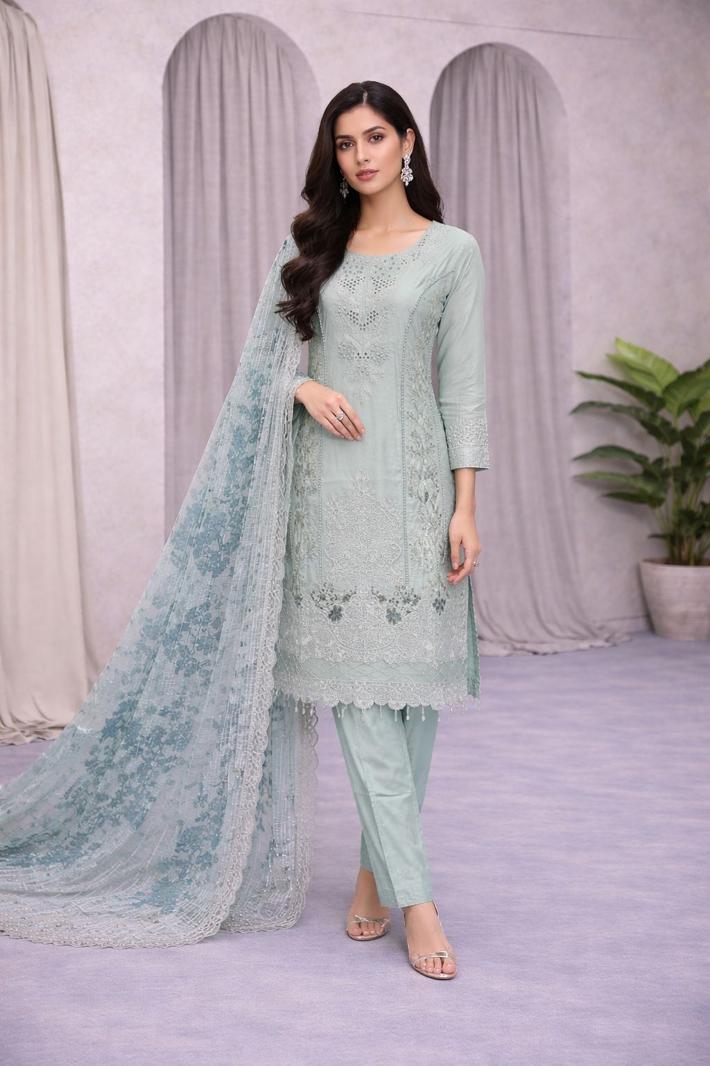 Luxury 3PC Embroidered Suit with Heavy Front & Sleeve Work | Punjab Boutique Jhelum