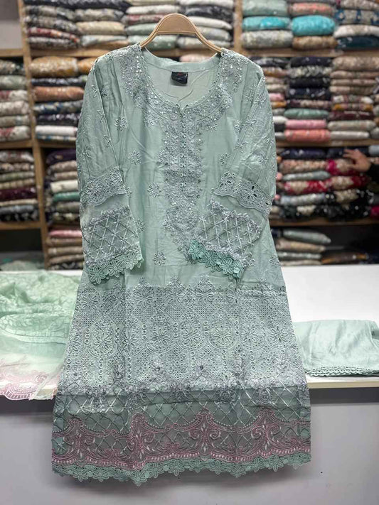 Viscose Chicken Kari Embroidered Shirt with Organza Embroidered Dupatta