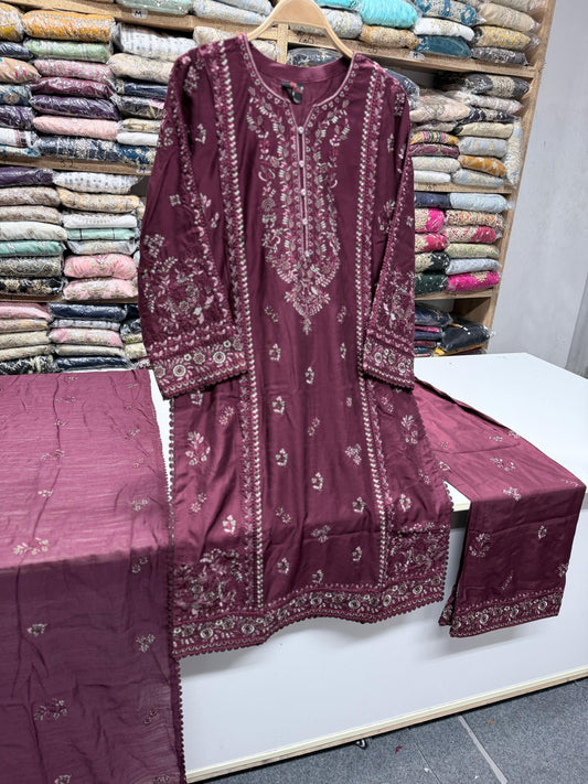 3PC Ready to Wear Viscose Embroidered Suit with Embroidered Dupatta