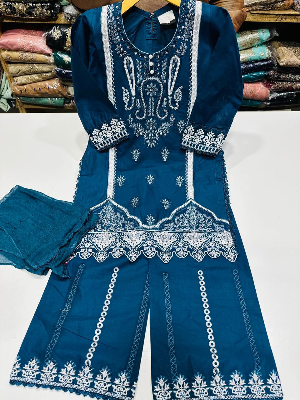 Kids Cotton Embroidered Shirt and Plazo With Chiffon Dupatta