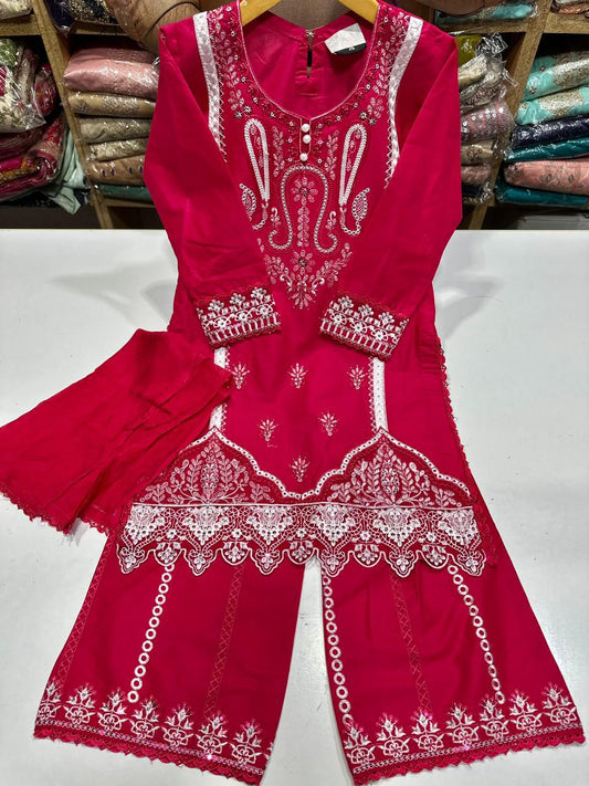 Kids Cotton Embroidered Shirt and Plazo With Chiffon Dupatta