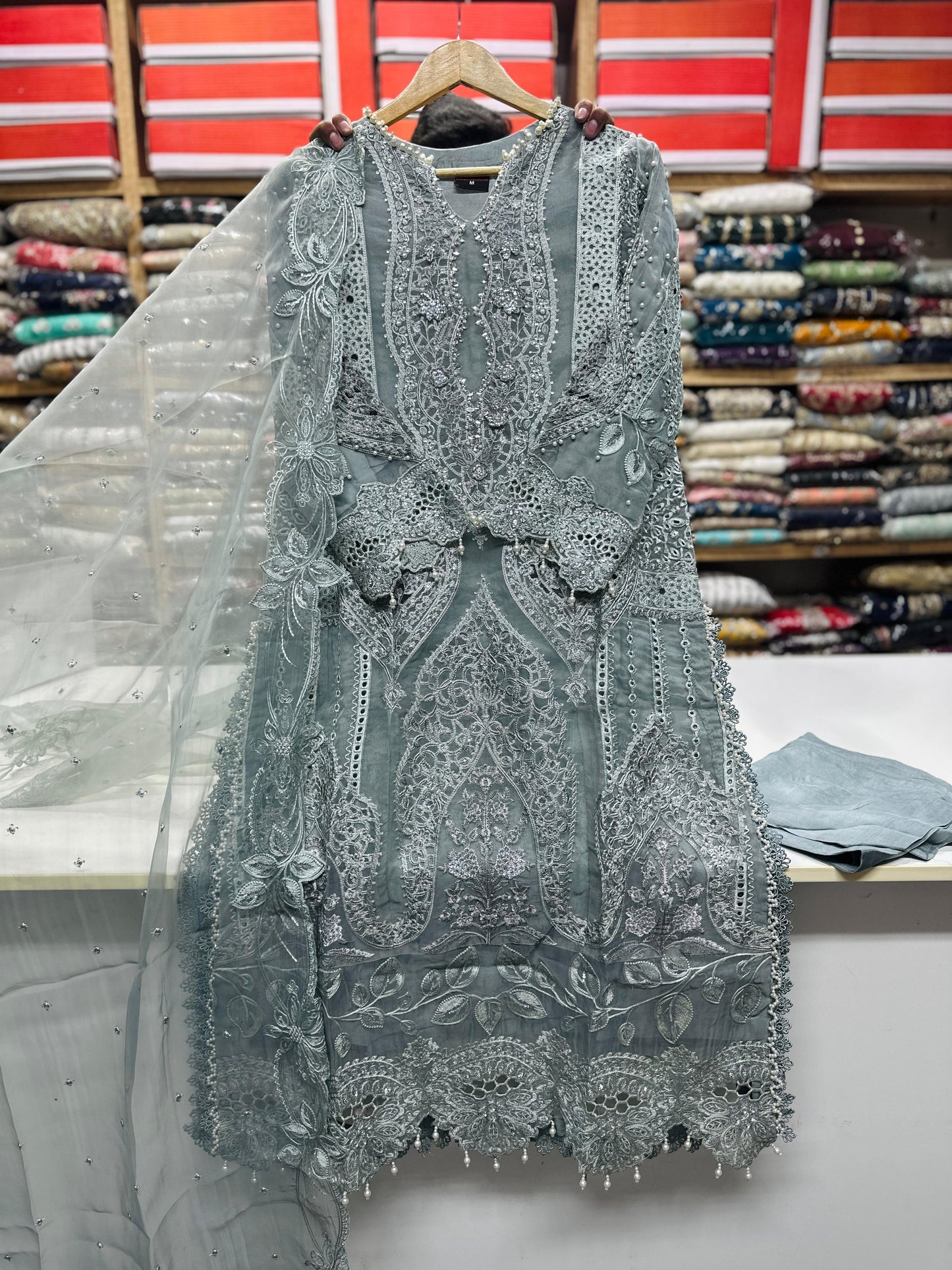 Organza 3pc Embroidered Ice Blue