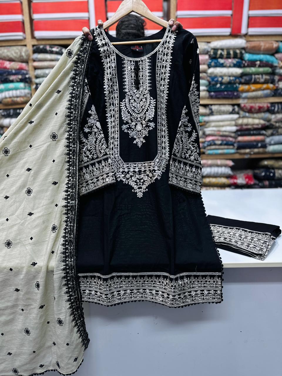 Premium Embroidered 3PC Cotton Suit Black