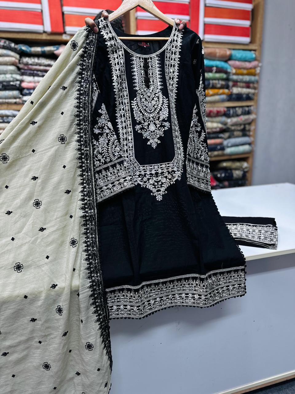 Premium Embroidered 3PC Cotton Suit Black