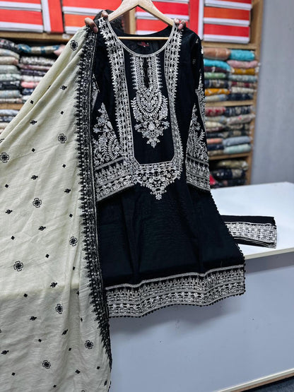 Premium Embroidered 3PC Cotton Suit Black