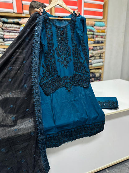 Premium Embroidered 3PC Cotton Suit Zinc