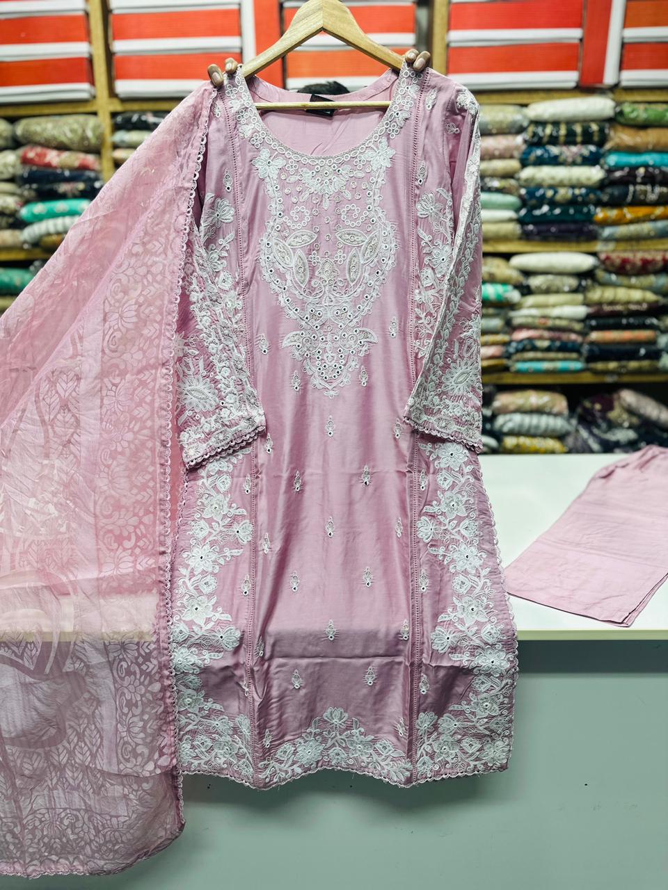 Viscose Beautiful Casual Wear 3 Piece Pink
