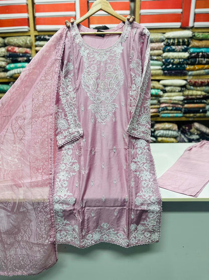 Viscose Beautiful Casual Wear 3 Piece Pink