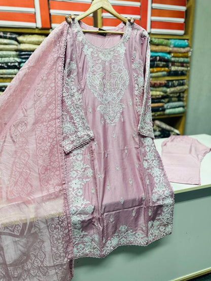 Viscose Beautiful Casual Wear 3 Piece Pink