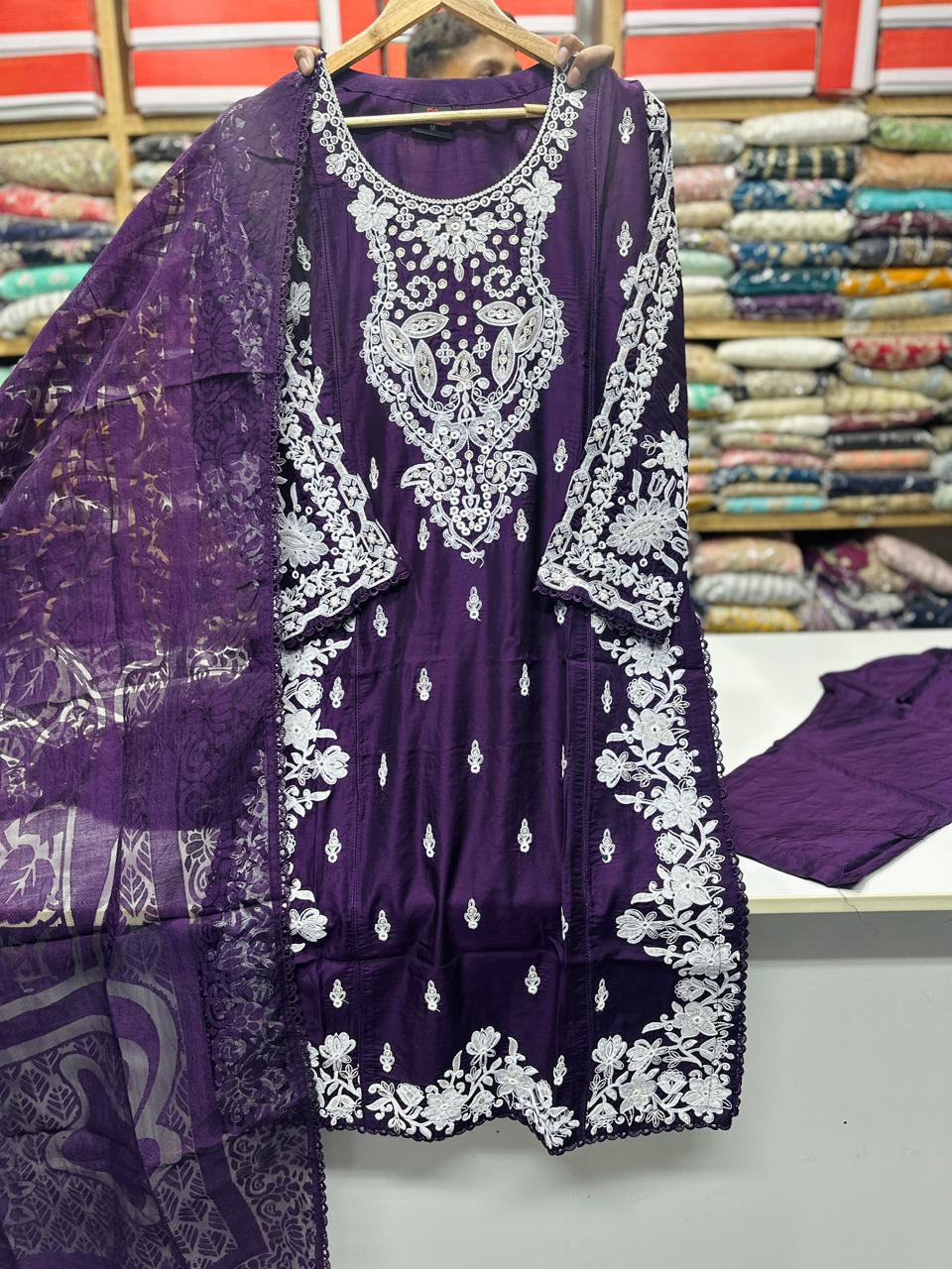 Viscose Beautiful Casual Wear 3 Piece Purple