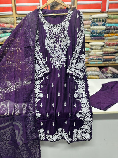 Viscose Beautiful Casual Wear 3 Piece Purple