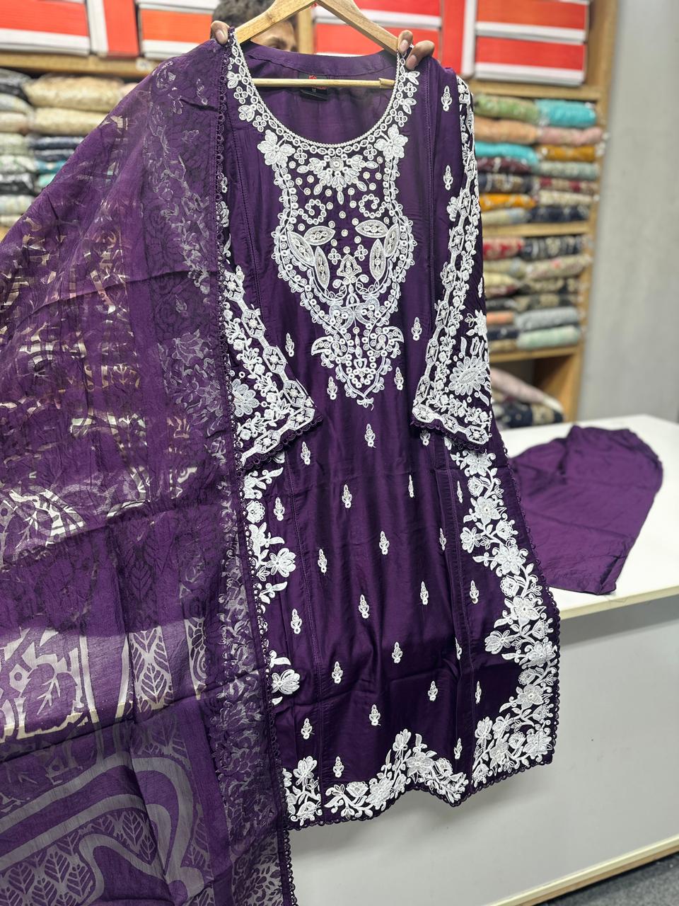 Viscose Beautiful Casual Wear 3 Piece Purple