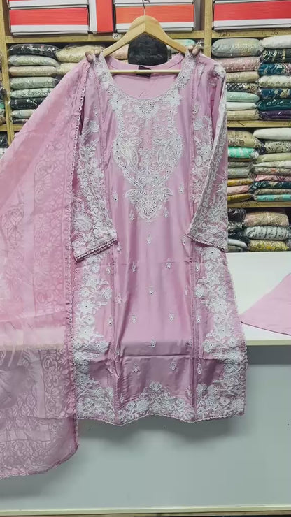 Viscose Beautiful Casual Wear 3 Piece Pink