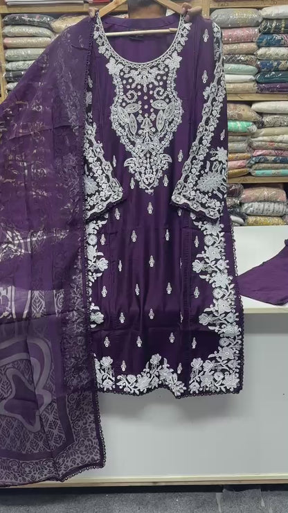 Viscose Beautiful Casual Wear 3 Piece Purple