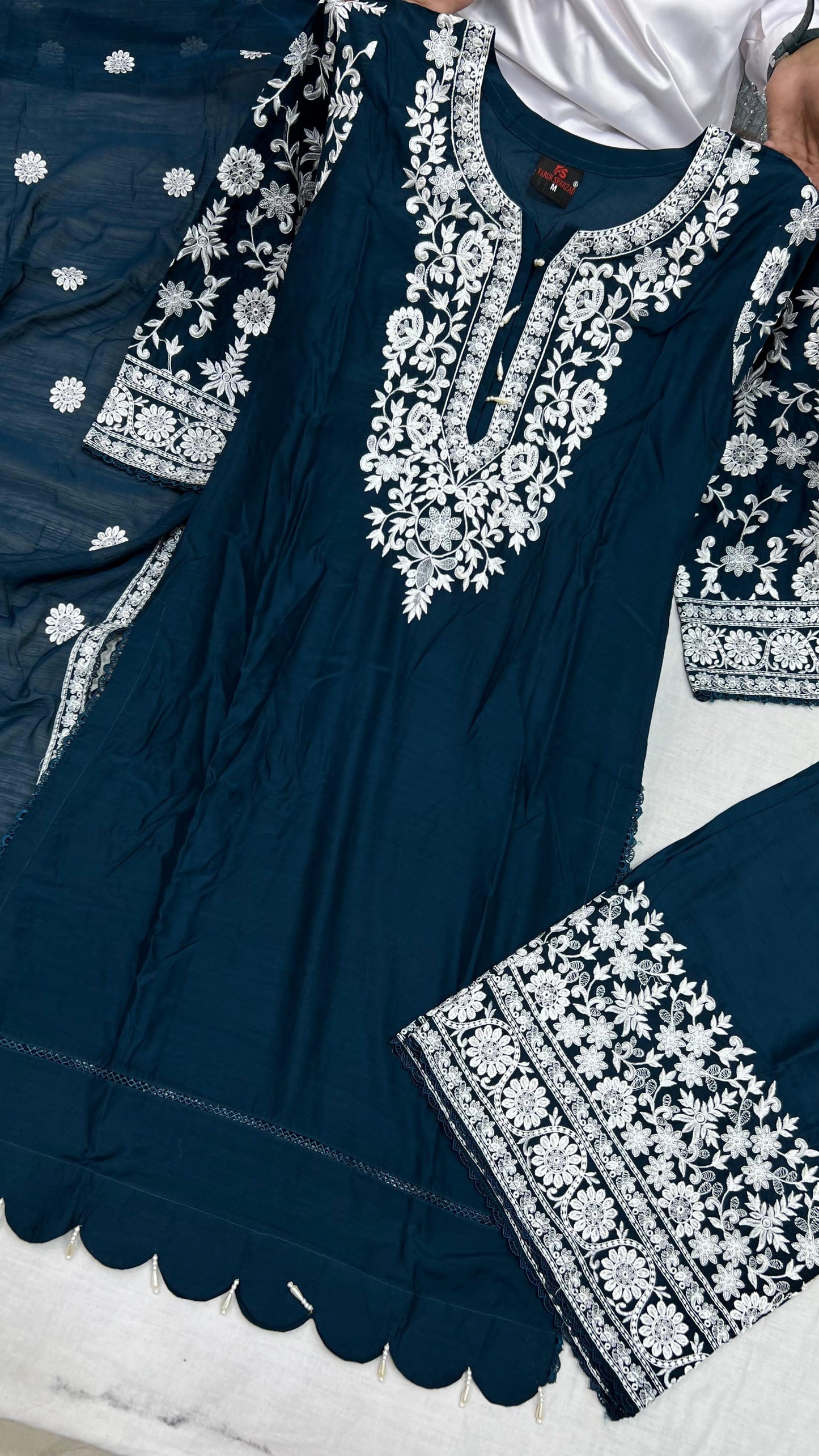 Viscose Embroidered Suit | Stylish Plazo Set with Organza Dupatta & Cutwork Border