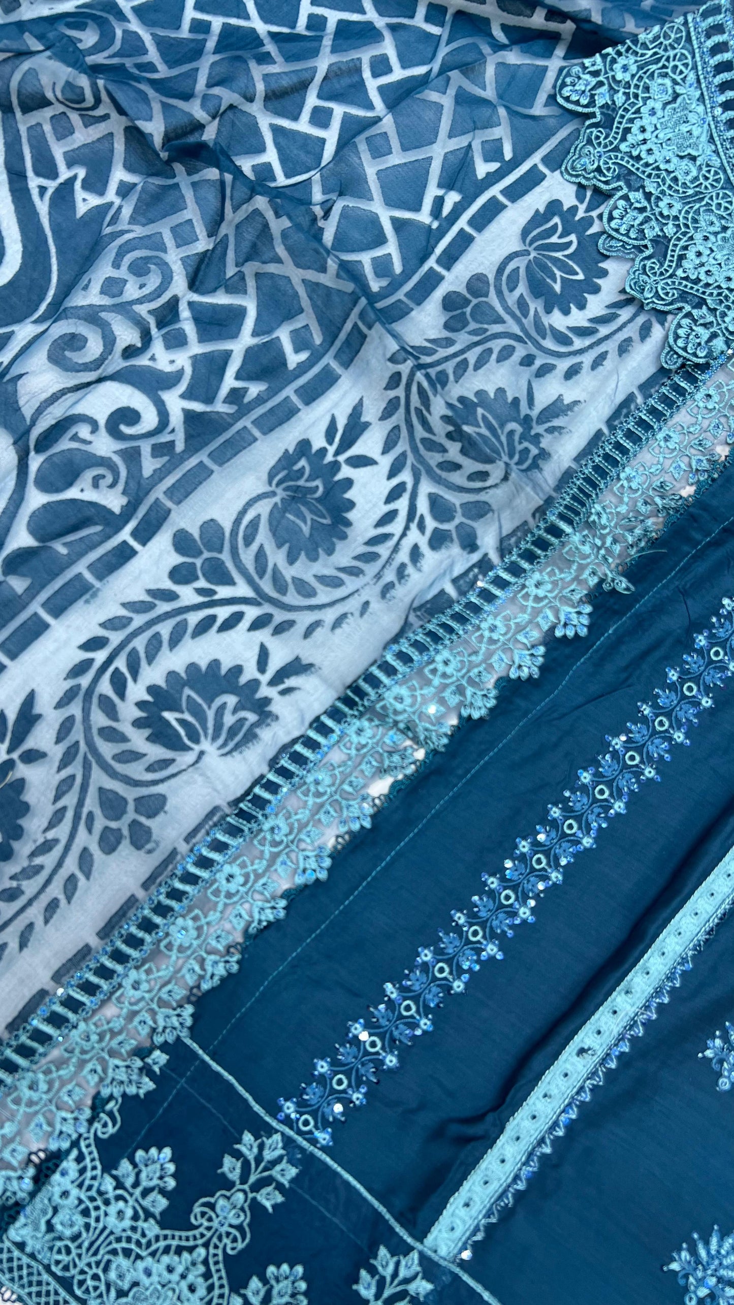 Heavy Embroidered Suit | Embroidered Shirt & Palazzo with Digital Print Dupatta and Cutwork Border