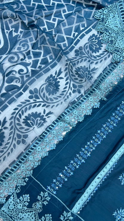 Heavy Embroidered Suit | Embroidered Shirt & Palazzo with Digital Print Dupatta and Cutwork Border