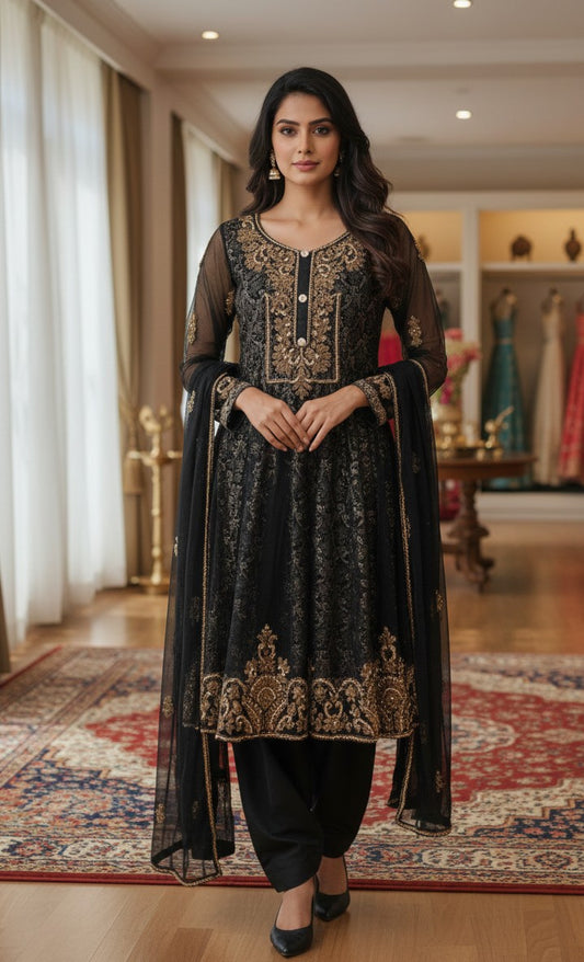 Net Fabric Frock with Handmade Work & Chiffon Dupatta