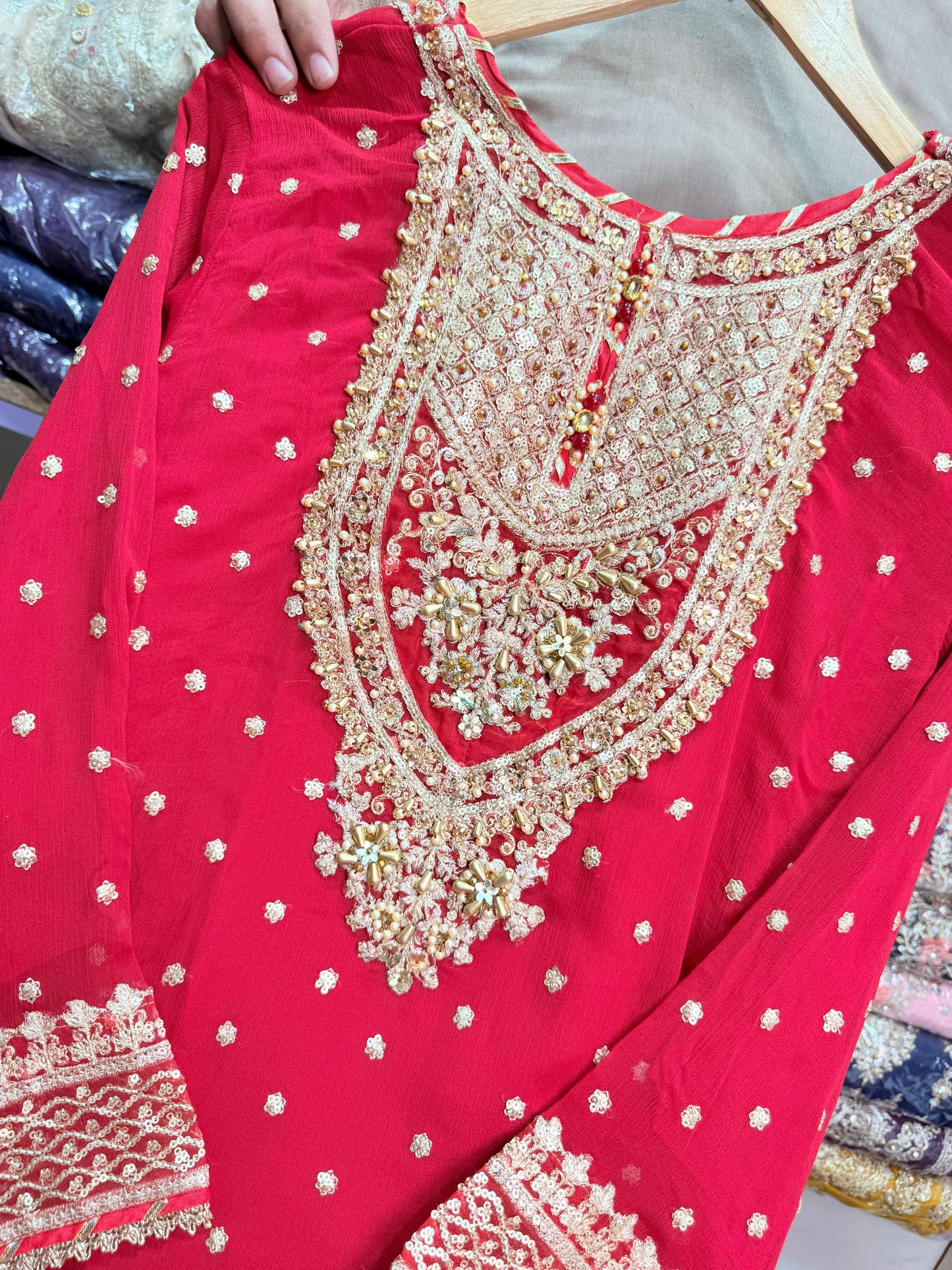 CHIFFON FABRIC 3-piece Long Embroidered Shirt With Ghrara
