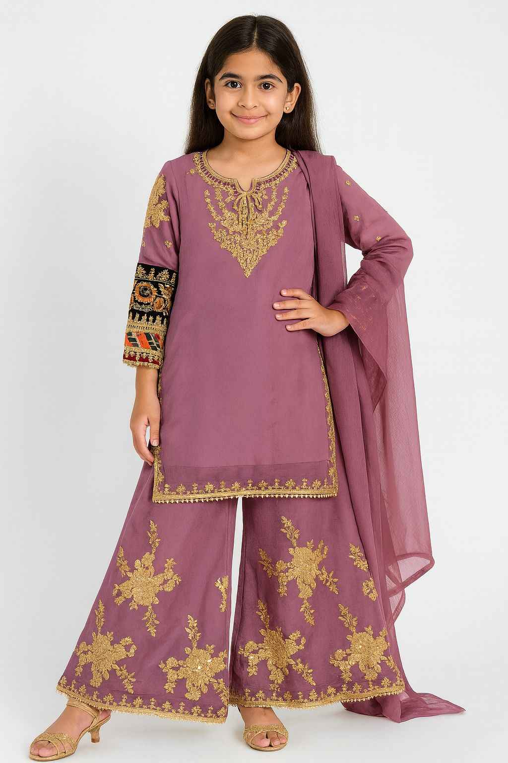Kids Chiffon Dress | Embroidered Plazo & Multicolor Sleeve Work