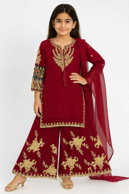 Kids Chiffon Dress | Embroidered Plazo & Multicolor Sleeve Work
