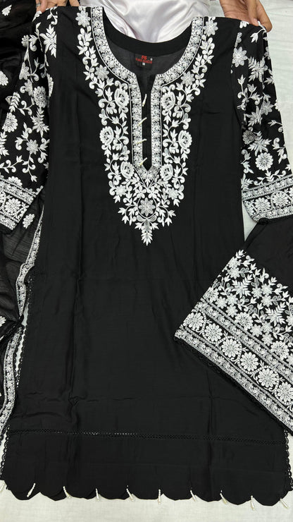 Viscose Embroidered Suit | Stylish Plazo Set with Organza Dupatta & Cutwork Border