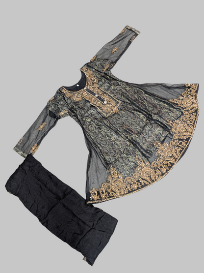 Net Fabric Frock with Handmade Work & Chiffon Dupatta