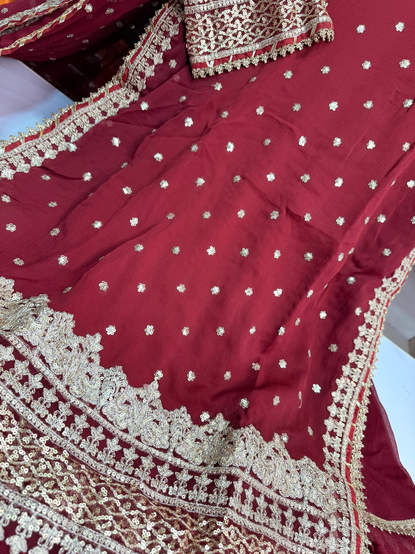 CHIFFON FABRIC 3-piece Long Embroidered Shirt With Ghrara