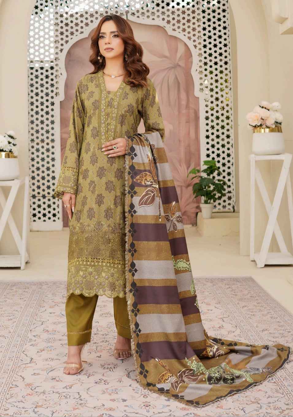 Dhanak Print Fabric Suit | Patch & Boring Work with Printed Shawl – Winter Collection