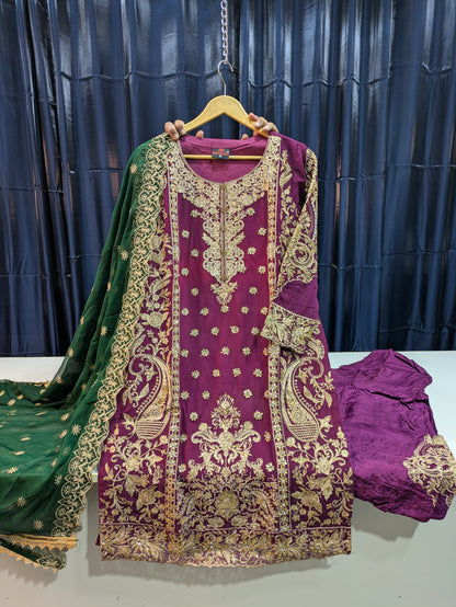 Chiffon Shirt with Embroidered Chiffon Dupatta & Grip Trouser with Embroidered Patch