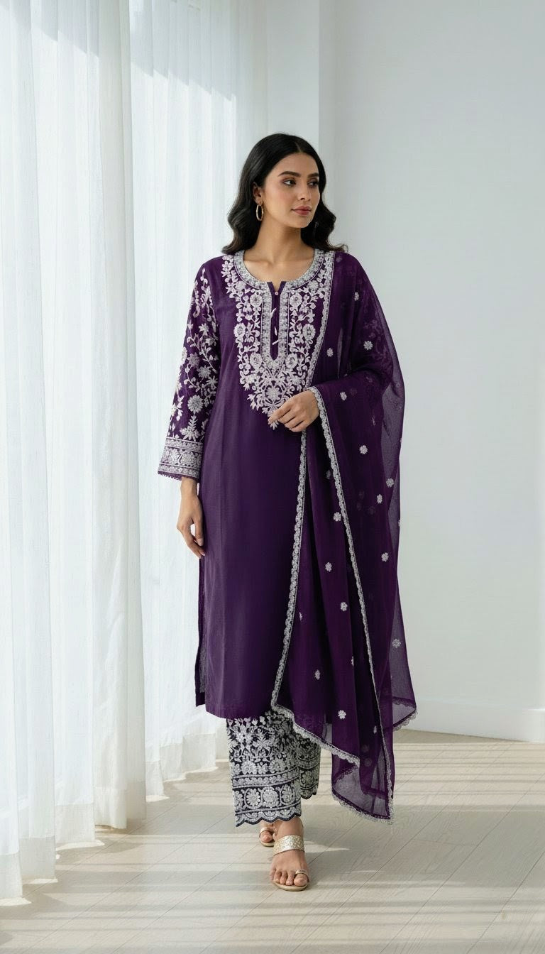 Viscose Embroidered Suit | Stylish Plazo Set with Organza Dupatta & Cutwork Border