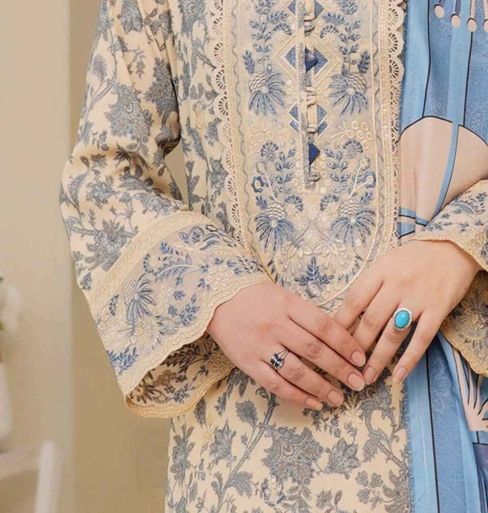 Dhanak Print Fabric Suit | Patch & Boring Work with Printed Shawl – Winter Collection