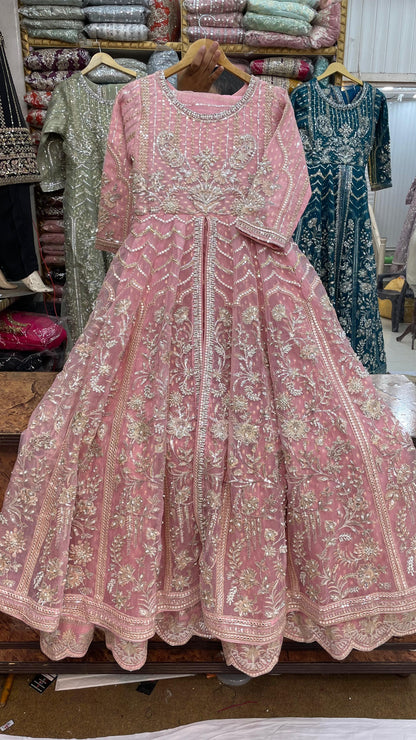 Organza Wedding Wear Maxi | Heavy Embroidery & Handmade Stone Work | Big Flare & Long Length 3-Piece Dress
