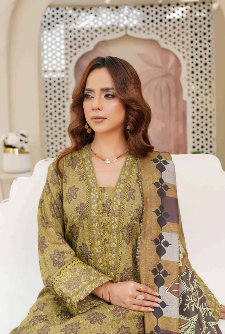 Dhanak Print Fabric Suit | Patch & Boring Work with Printed Shawl – Winter Collection