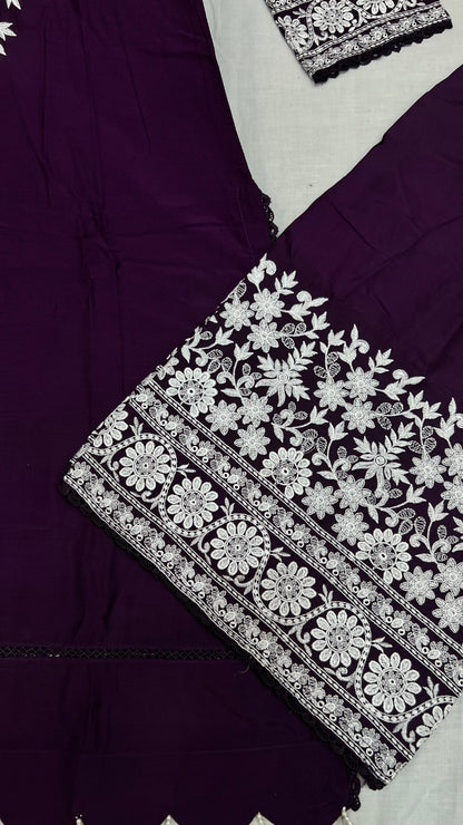 Viscose Embroidered Suit | Stylish Plazo Set with Organza Dupatta & Cutwork Border