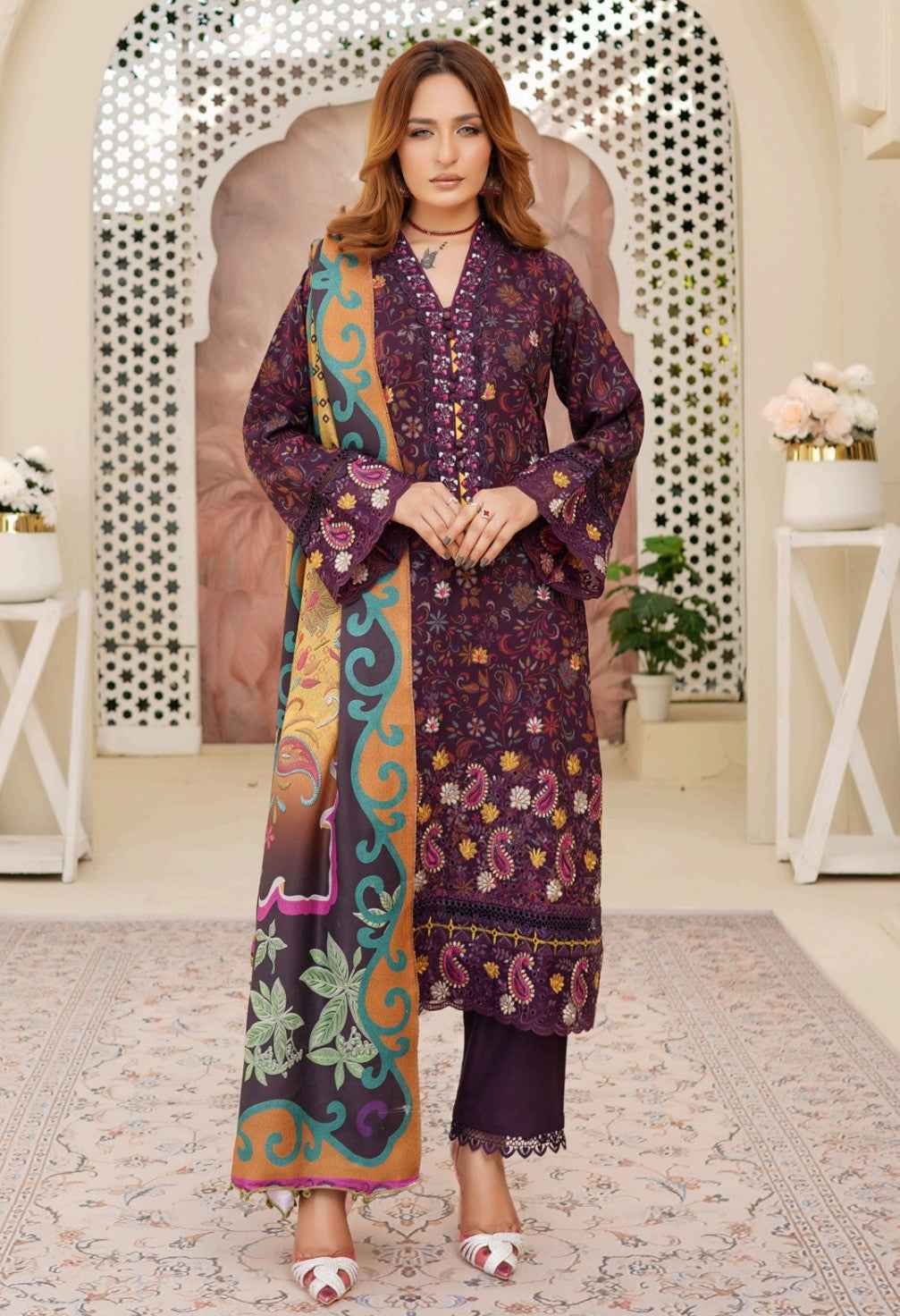 Dhanak Print Fabric Suit | Patch & Boring Work with Printed Shawl – Winter Collection