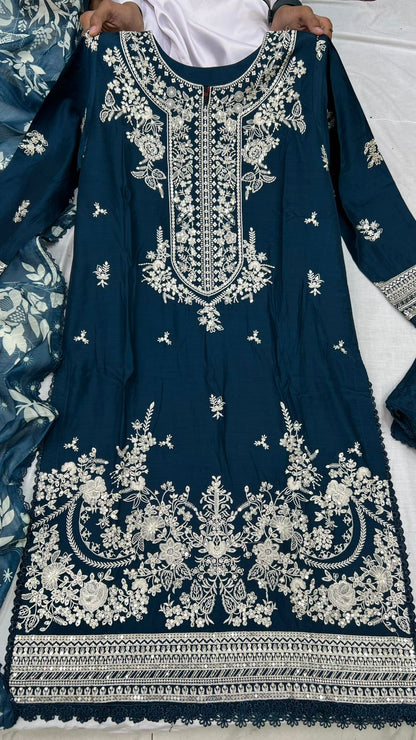 Winter Viscose Embroidered Suit | Heavy Embroidered Shirt with Digital Print Dupatta