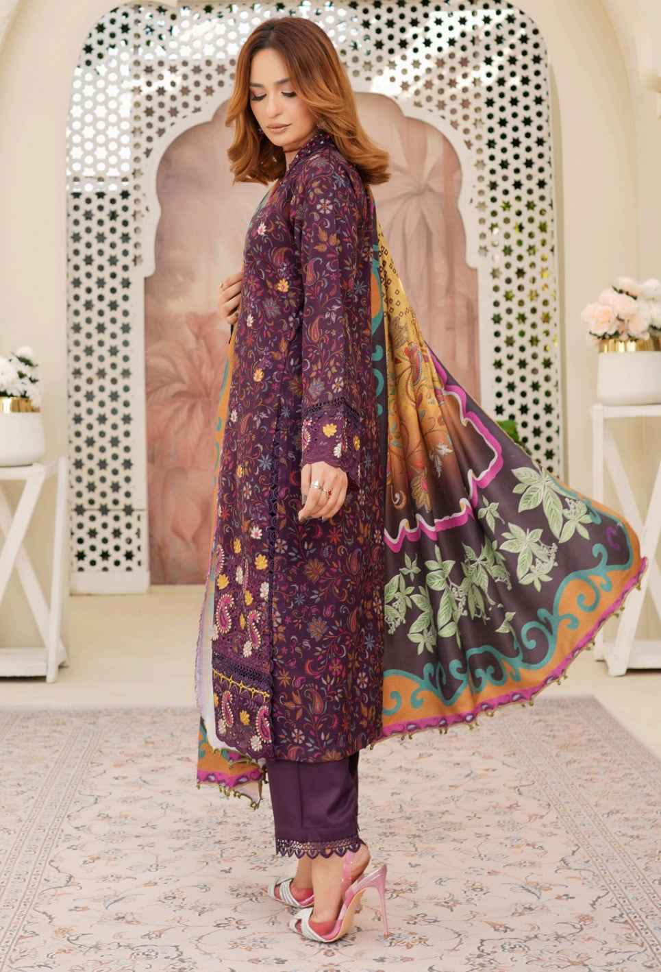 Dhanak Print Fabric Suit | Patch & Boring Work with Printed Shawl – Winter Collection
